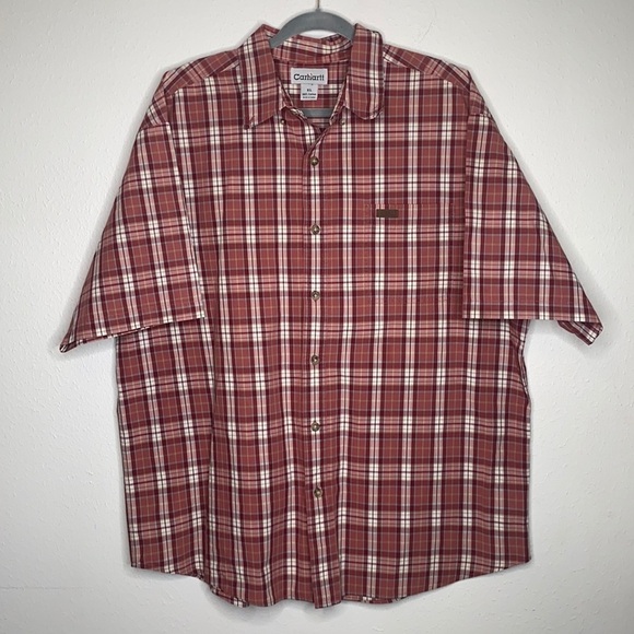 Carhartt Men's Red & White Plaid Print Button-Down Shirt 100% Cotton size XL - Picture 2 of 8